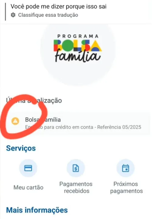 Ícone de alerta do Bolsa Família com mensagem indicando que o crédito foi enviado para a conta do beneficiário.