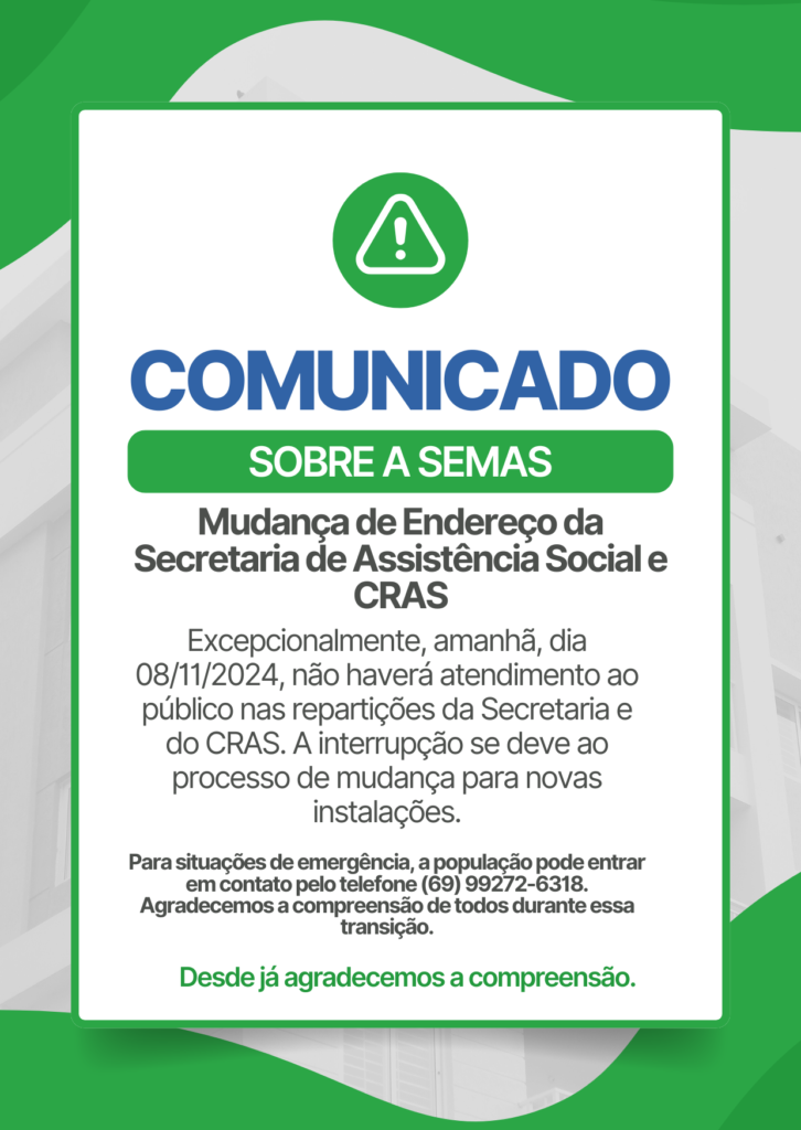 Comunicado do CRAS de Campo Novo Rondônia.