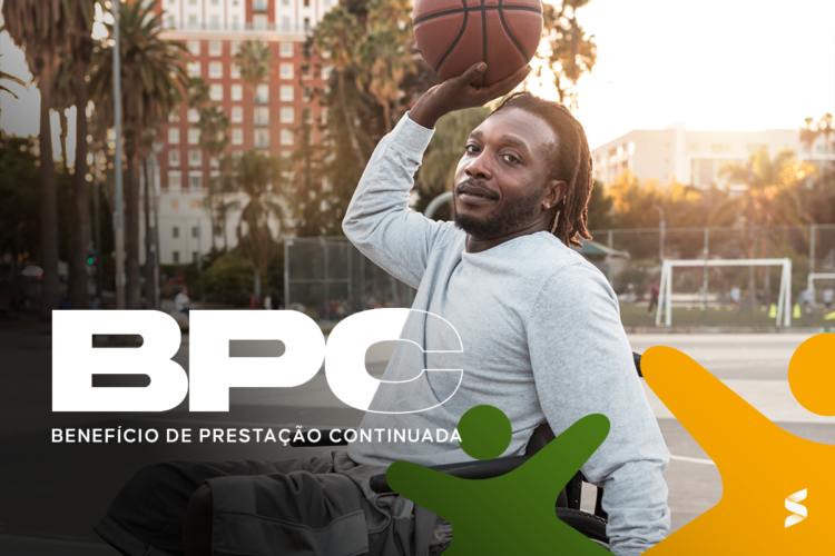 Homem em cadeira de rodas jogando basquete com bola, com o texto BPC e símbolos coloridos ao lado, no fundo de um campo esportivo.