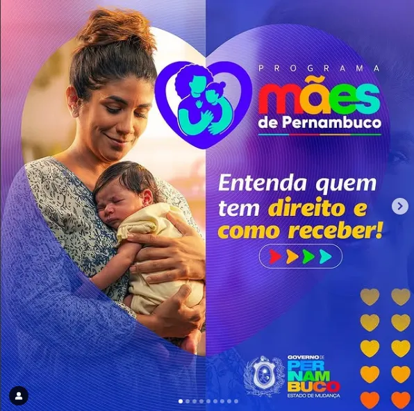 Mulher segurando bebê no programa Mães de Pernambuco, apoio do governo de Pernambuco.