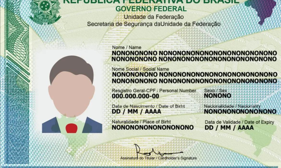 Modelo ilustrativo de uma nova identidade brasileira com dados e foto em um cartão oficial.