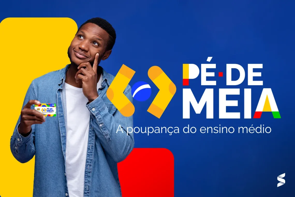 Homem segurando um cartão do programa Pé-de-Meia, pensando, com fundo azul e elementos gráficos coloridos