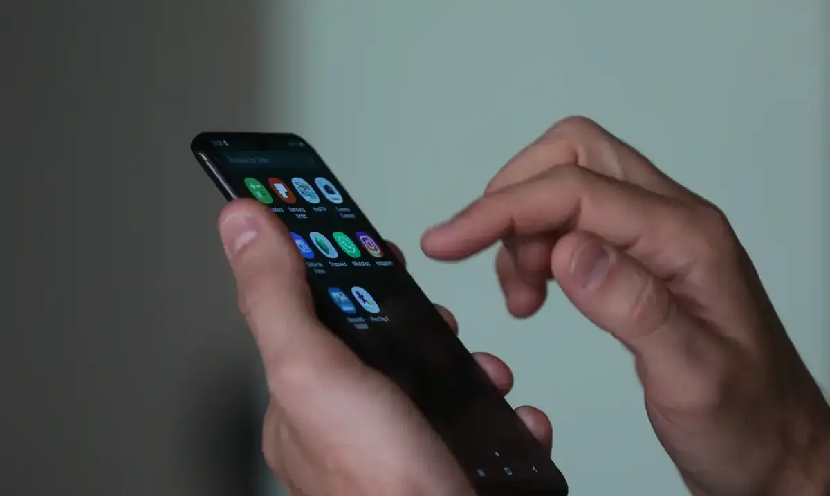 Mãos segurando um smartphone com aplicativos abertos, representando o atendimento digital do Bolsa Família.