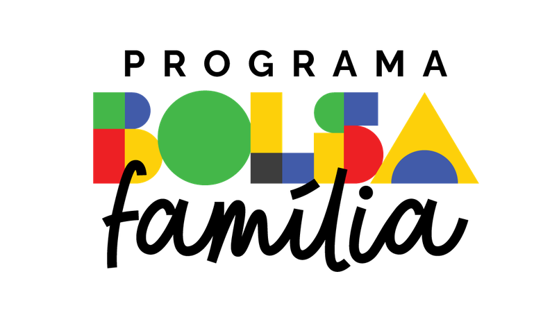 Logotipo do Programa Bolsa Família com formas geométricas coloridas, representando a identidade visual do programa social.