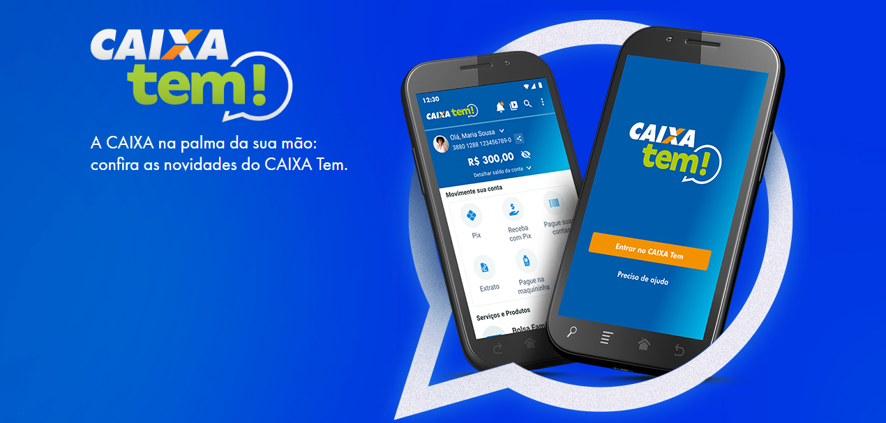 Imagem promocional do Caixa Tem exibindo dois celulares e destacando a possibilidade de solicitar empréstimo digital de forma rápida e segura.