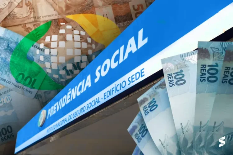 Imagem ilustrativa mostrando o pagamento do INSS com a fachada da Previdência Social e notas de 100 reais.