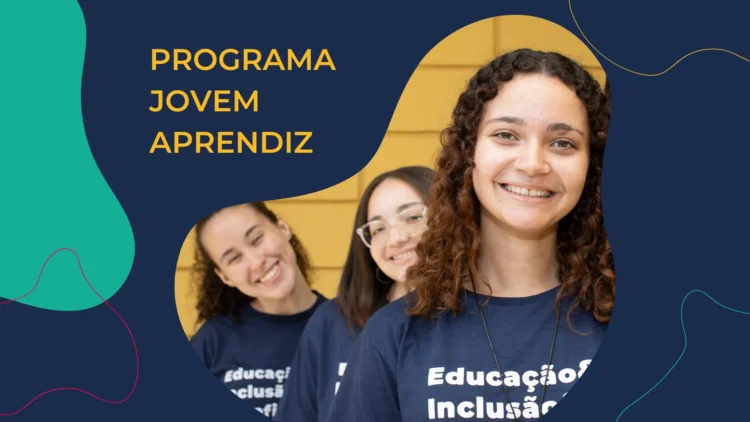 Jovens sorrindo com camisetas do Programa Jovem Aprendiz, representando inclusão social e capacitação profissional.