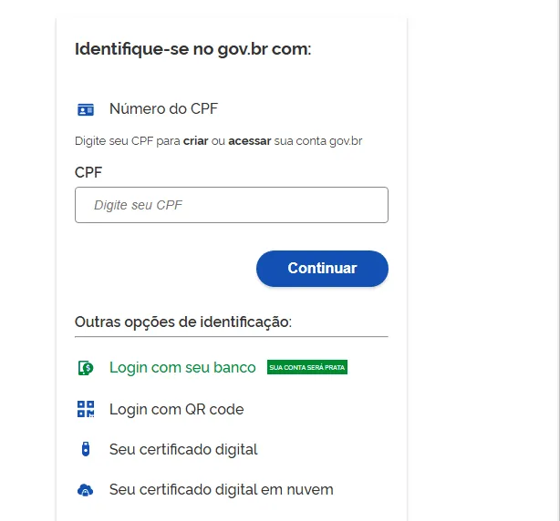 Tela de login do portal GOV.BR solicitando CPF para acesso ou criação de conta.