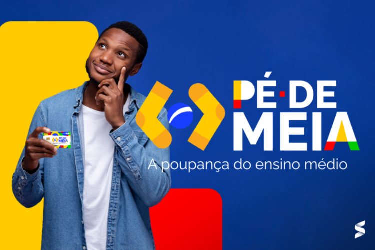 Jovem segurando um cartão do programa Pé-de-Meia com expressão pensativa, acompanhado do slogan "A poupança do ensino médio