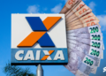 Logo da CAIXA Econômica Federal com notas de R$ 50 e R$ 200, representando o Saque Calamidade para moradores de São Paulo e Minas Gerais.