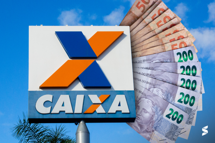 Logo da CAIXA Econômica Federal com notas de R$ 50 e R$ 200, representando o Saque Calamidade para moradores de São Paulo e Minas Gerais.