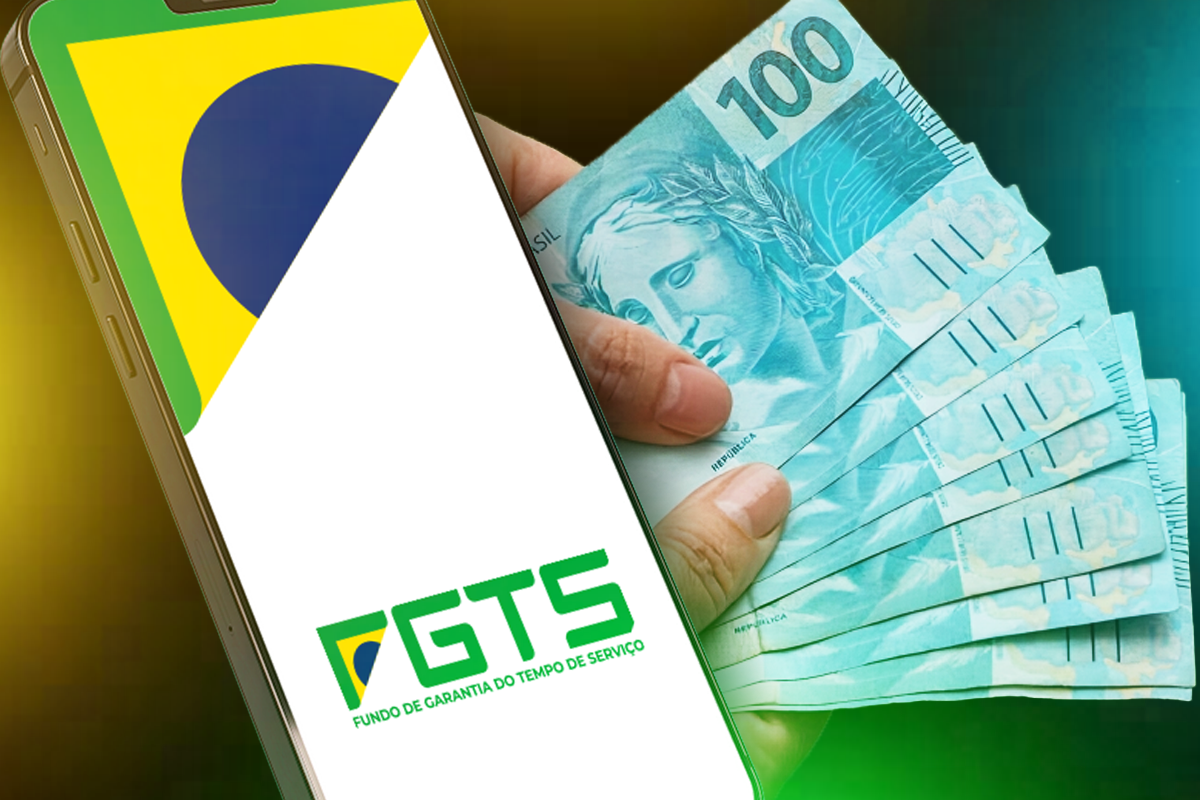 Imagem mostrando a tela de um celular com o logo do FGTS e notas de R$ 100, representando a consulta ao saque do FGTS em situações de calamidade