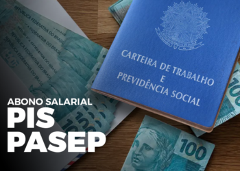 Carteira de Trabalho azul sobre notas de 100 reais, destacando o abono salarial do PIS/PASEP.