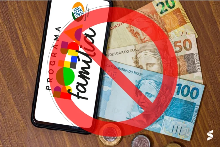 Imagem mostrando o bloqueio do Bolsa Família e BPC com dinheiro e um celular, simbolizando a suspensão de benefícios.