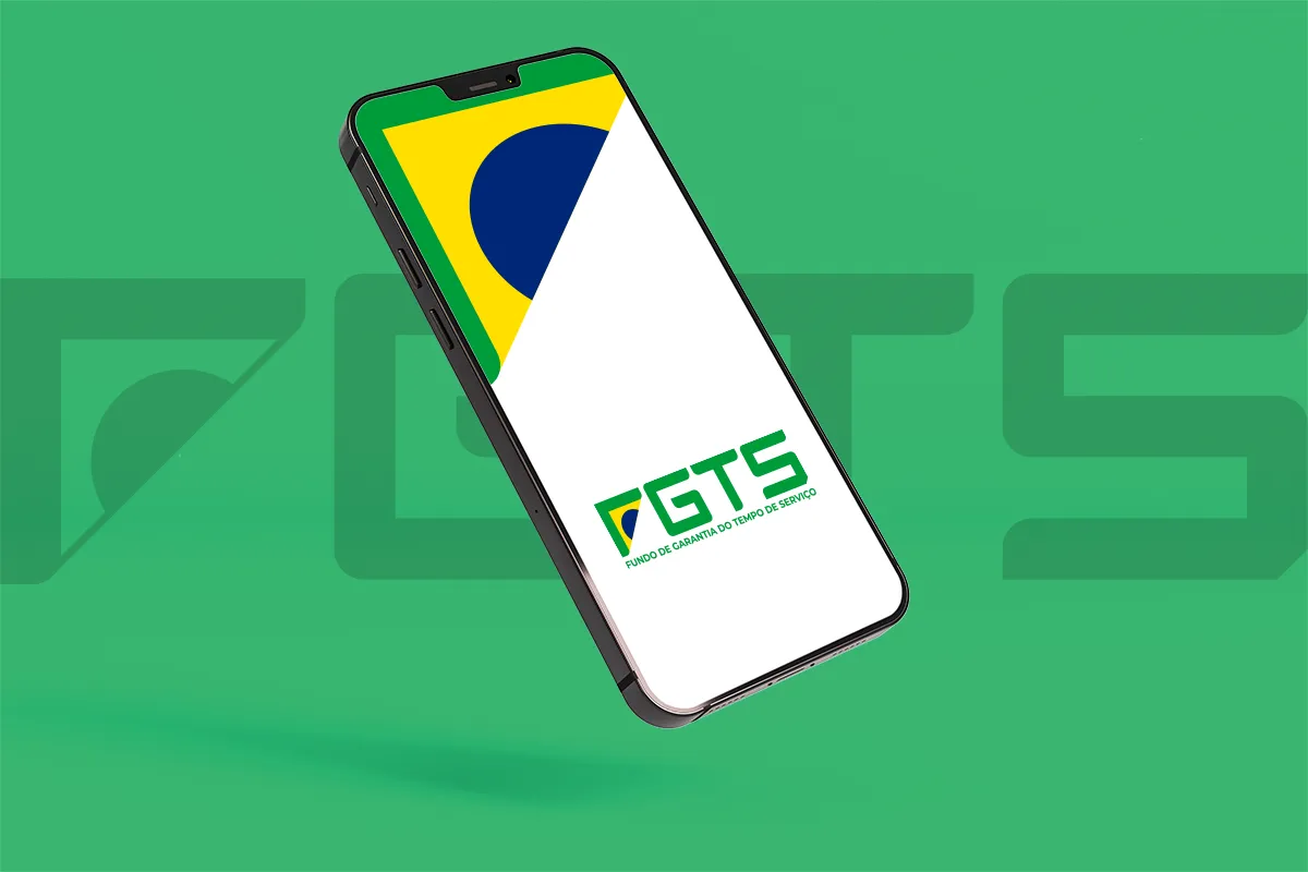 Aplicativo do FGTS aberto no celular com destaque para a bandeira do Brasil.