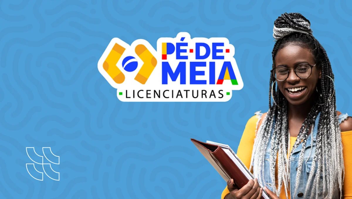 Logo do programa Pé-de-Meia Licenciaturas com estudante sorrindo, segurando livros