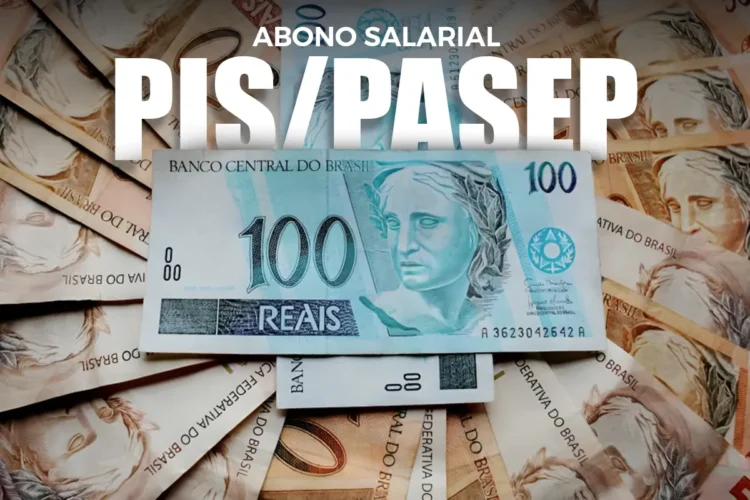 Notas de reais organizadas em leque com destaque para cédula de 100 reais e texto "Abono Salarial PIS/PASEP".