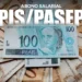 Notas de reais organizadas em leque com destaque para cédula de 100 reais e texto "Abono Salarial PIS/PASEP".