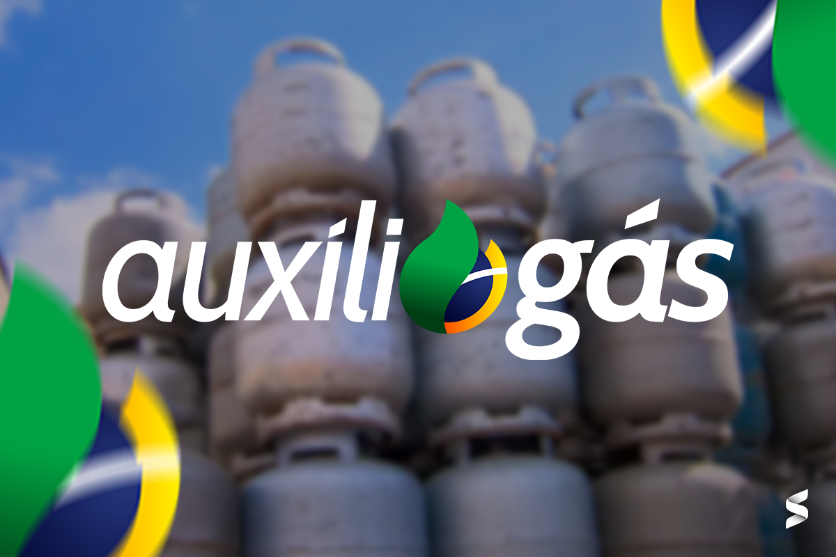 Logo do Auxílio Gás com botijões de gás ao fundo, simbolizando o benefício.