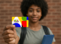 Jovem estudante segurando o cartão do Programa Bolsa Família.