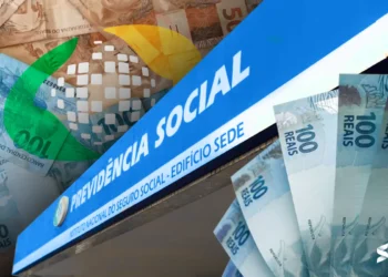 Imagem ilustrativa do INSS com cédulas de 100 reais e logotipo do Instituto Nacional do Seguro Social para o calendário de pagamentos do inss.