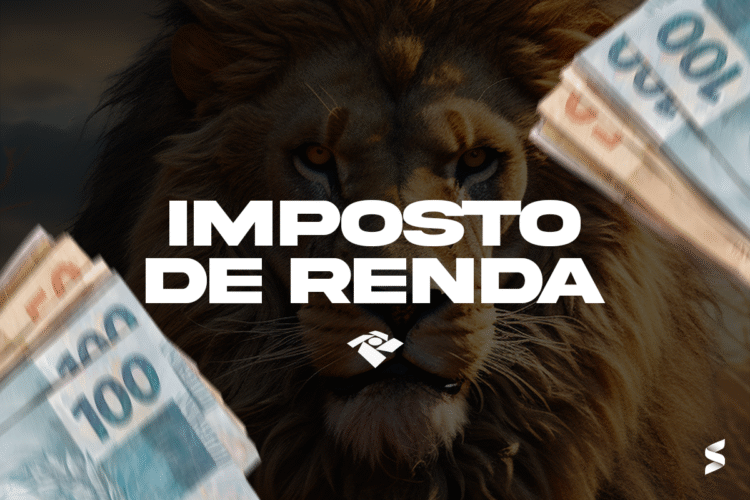 Imagem do Imposto de Renda 2025 com notas de dinheiro e leão simbolizando a declaração