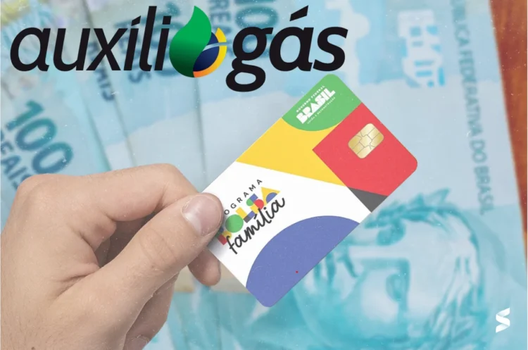 Imagem ilustrativa do Bolsa Família e Auxílio Gás, pagamentos em abril, com destaque para o cartão do programa e notas de reais ao fundo.