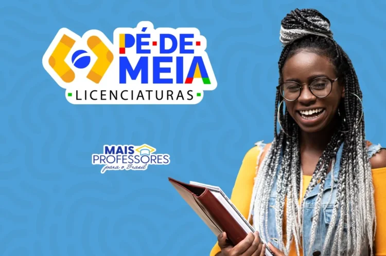 Jovem estudante sorridente com caderno ao lado do logotipo do Pé-de-Meia Licenciaturas 2025.