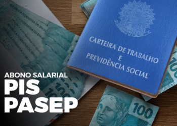 Carteira de trabalho ao lado de cédulas de 100 reais com destaque para o abono salarial PIS/Pasep