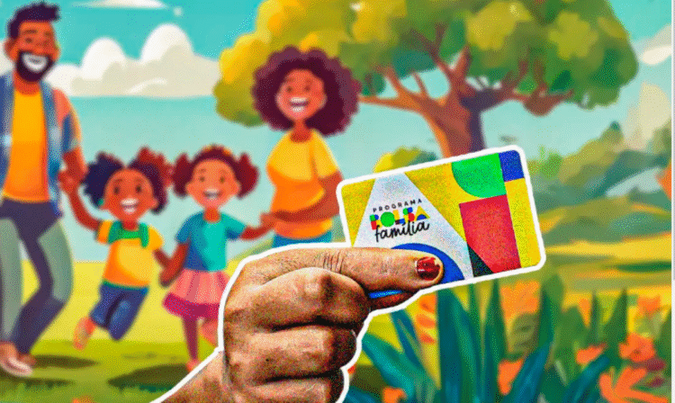 Pessoa segurando cartão do Bolsa Família com família sorridente ao fundo em cenário ilustrado.