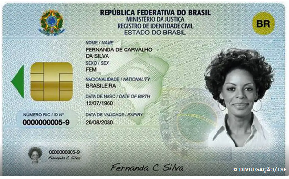 Exemplo de nova identidade civil brasileira, com foto e dados pessoais.