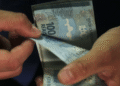 Pessoa segurando cédulas de R$ 100, simbolizando o valor do décimo terceiro salário de um salário mínimo.