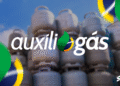 Imagem com logo do Auxílio Gás sobre fundo de botijões de gás, com as cores da bandeira do Brasil.