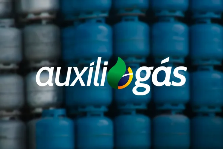 Imagem ilustrativa do Auxílio Gás com botijões de gás ao fundo e logo do programa.