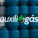 Imagem ilustrativa do Auxílio Gás com botijões de gás ao fundo e logo do programa.