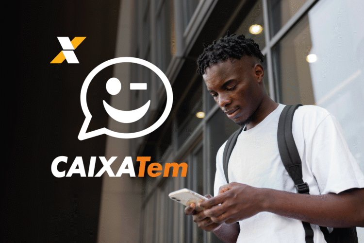 Jovem homem usando celular com logo do aplicativo Caixa Tem ao lado.