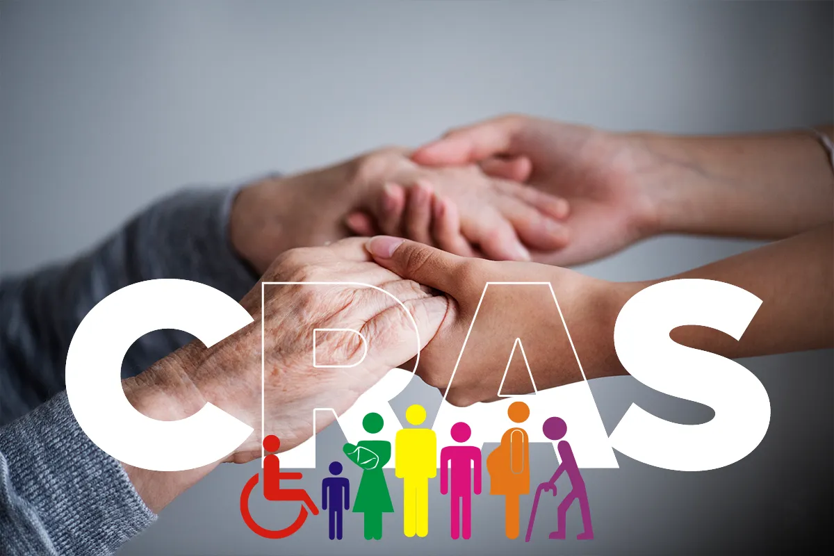 Imagem ilustrativa do CRAS, com duas mãos se unindo e ícones representando diversas pessoas no centro.