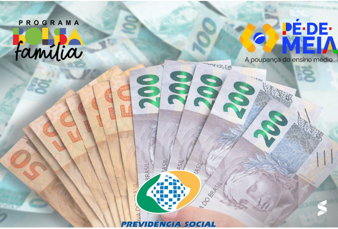 Notas de real e moedas, representando os auxílios pagos pelo governo em maio, incluindo o Bolsa Família e o Pé-de-Meia.
