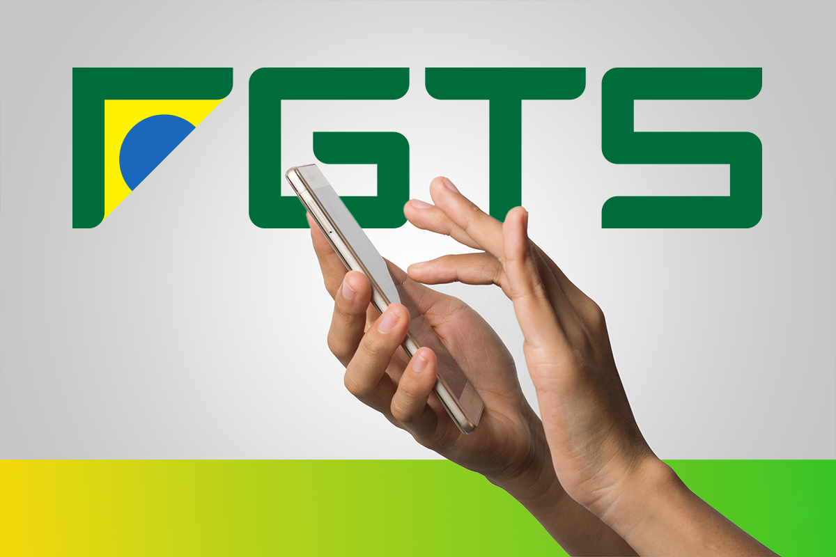 Mãos usando celular com logo do FGTS e bandeira do Brasil ao fundo.