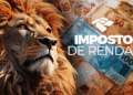 Imagem de um leão com dinheiro ao fundo e texto “Imposto de Renda”.
