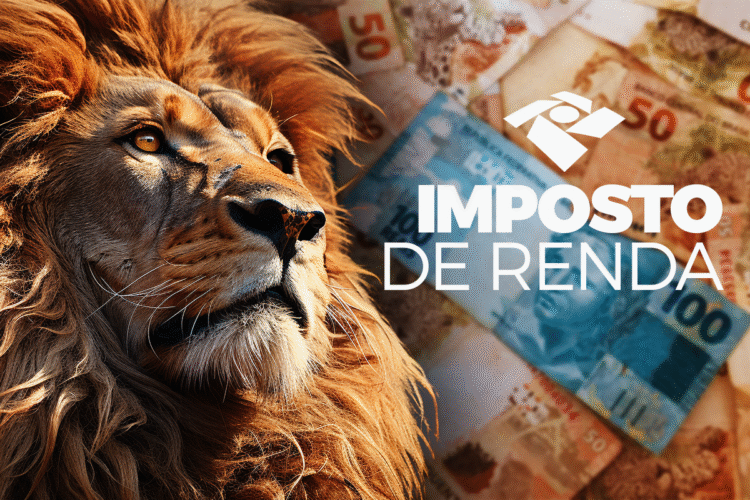Imagem de um leão com dinheiro ao fundo e texto “Imposto de Renda”.