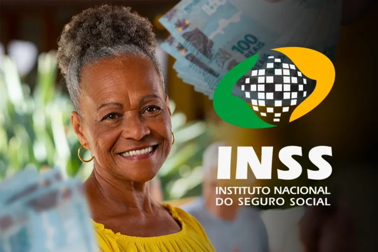 Mulher sorrindo segurando cédulas de R$ 100, com o logo do INSS ao fundo.