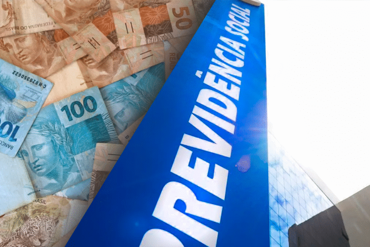 Notas de reais ao lado de fachada do prédio da Previdência Social com o céu ao fundo