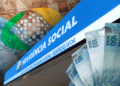 Fachada do INSS com cédulas de dinheiro ao fundo, representando o pagamento do 13º salário para segurados.
