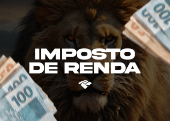 Leão com cédulas de dinheiro e texto sobre Imposto de Renda 2025 alertando sobre consequências de não entregar a declaração.