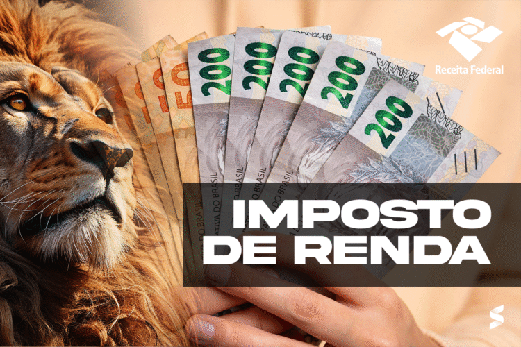 Dinheiro em espécie e o leão simbolizando o Imposto de Renda 2025, destacando a importância do acompanhamento dos lotes de restituição da Receita Federal.