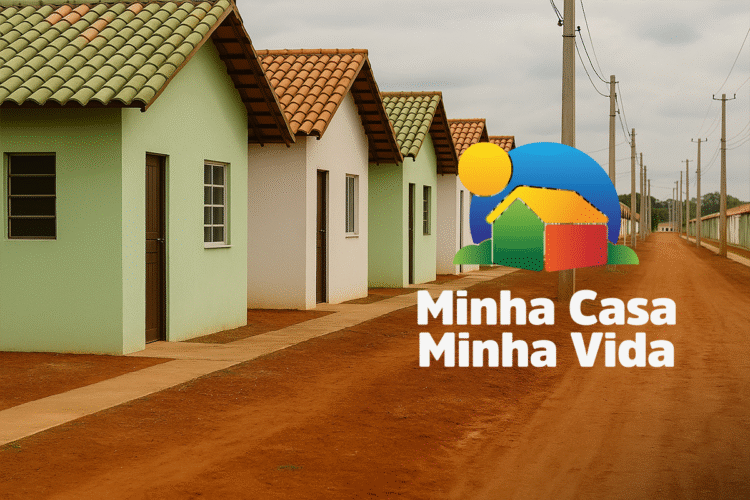 Casas populares alinhadas com o logo colorido do programa Minha Casa Minha Vida, representando oportunidades de moradia para a classe média.
