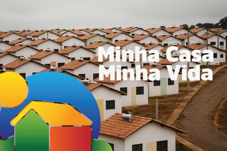 Imagem de casas do programa Minha Casa, Minha Vida, com o logo do programa em destaque.