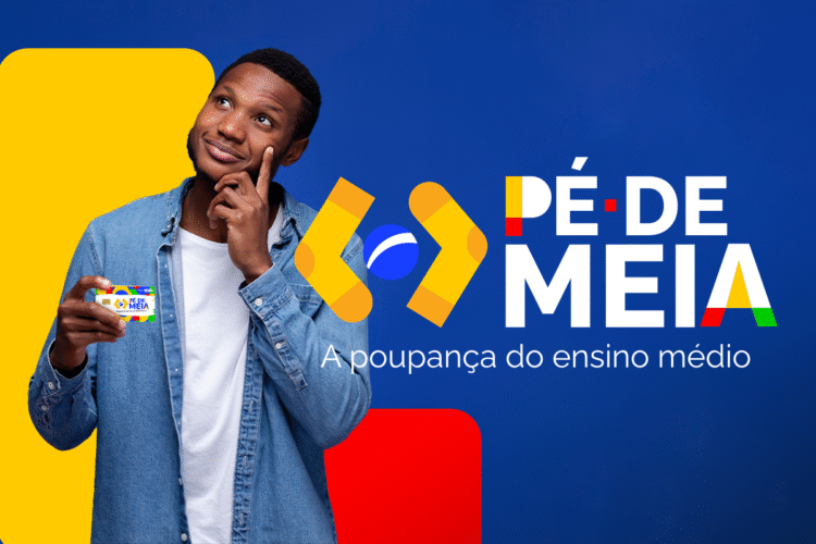 Imagem do cartão do programa Pé-de-Meia sendo segurado por um jovem, com fundo colorido, representando o apoio financeiro à educação no Brasil.