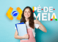 Imagem representativa do benefício Pé-de-Meia, com uma jovem sorrindo e mostrando o benefício em destaque.